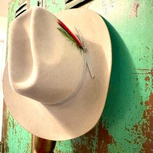 Light gray vintage Stetson hat with feathers.